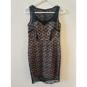 Ann Taylor Dress 4 Petite Taupe Black Lace Overlay Sheath Sleeveless Party